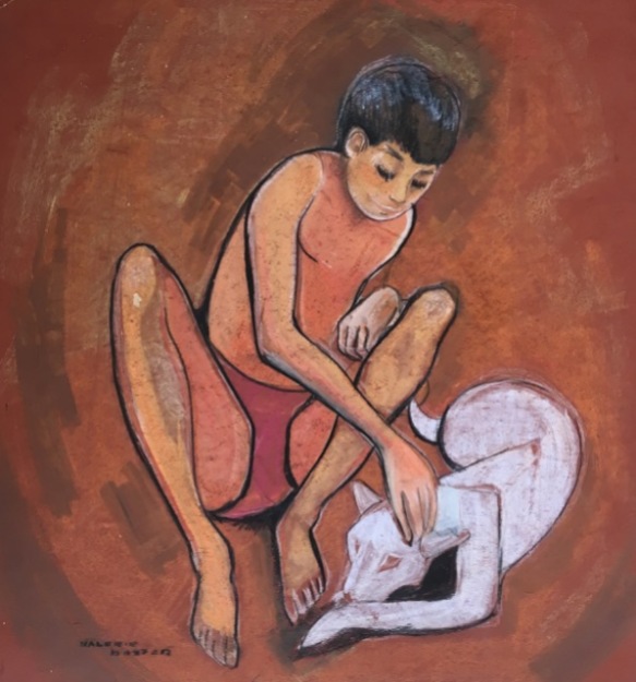 Boy and Dog 50cm x 56cm Unframed Pastel (NFS)